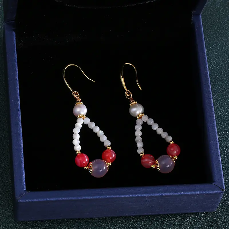 Natural Pearl Earrings Drop Shape Salt Source Agate Antique Gold — feature 3