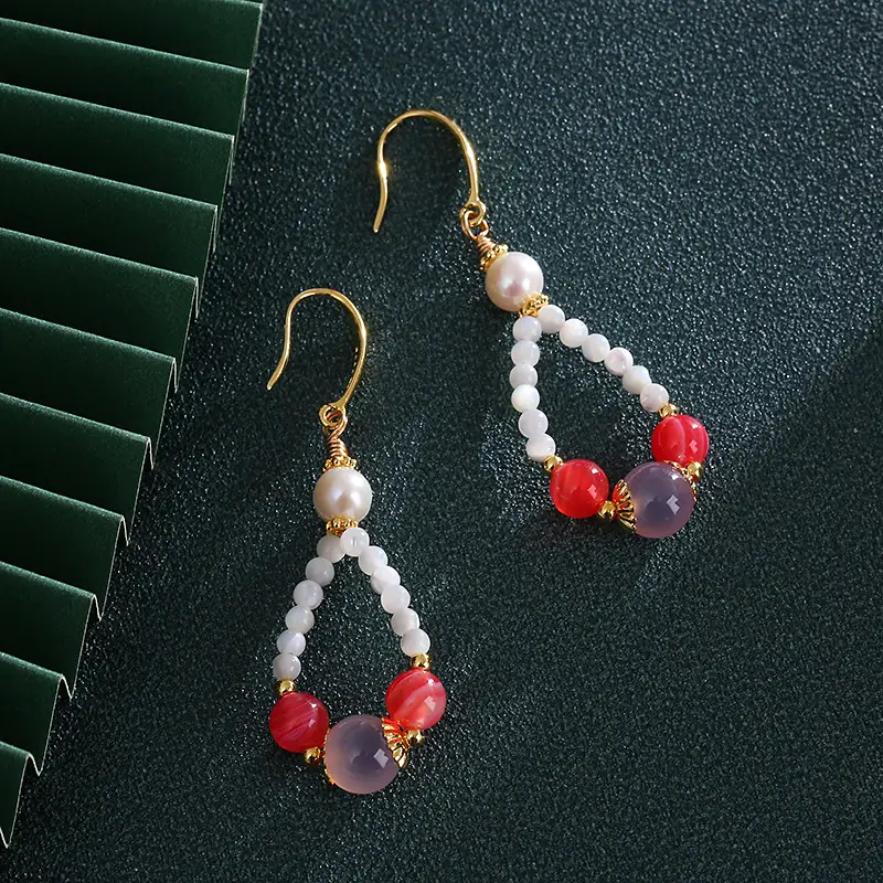 Natural Pearl Earrings Drop Shape Salt Source Agate Antique Gold — feature 5