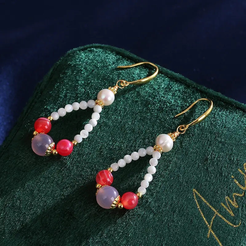 Natural Pearl Earrings Drop Shape Salt Source Agate Antique Gold — feature 6