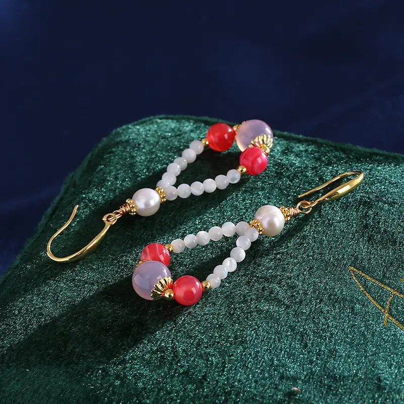 Natural Pearl Earrings Drop Shape Salt Source Agate Antique Gold — feature 7