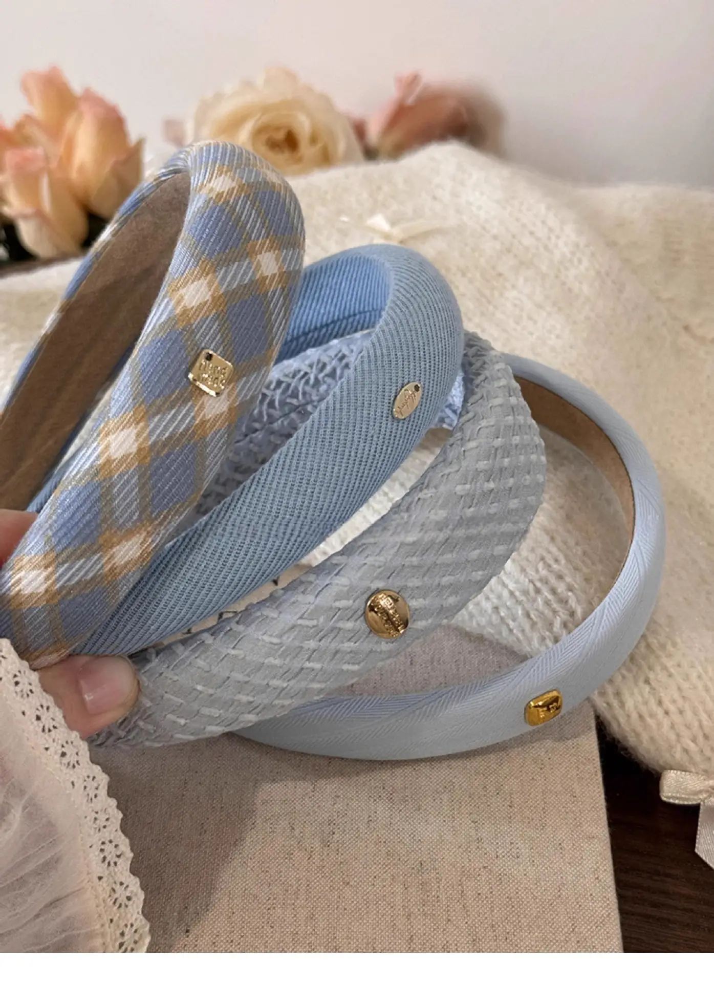2024 Gold Label Blue Plaid Hair Band for Women — feature 7