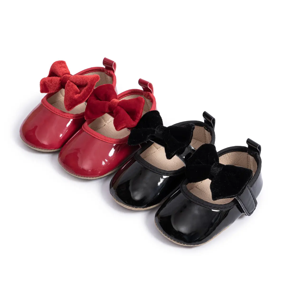 2024 New Baby Shoes Red Black Bow Soft Rubber Bottom