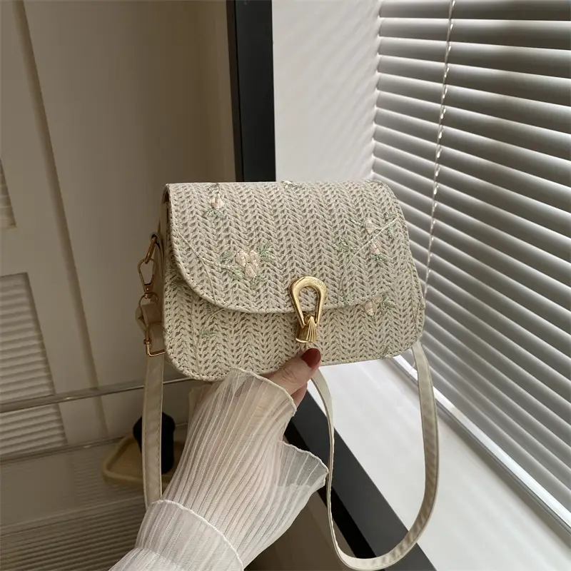 2024 Vintage Straw Textural Crossbody Bag White - Image 3