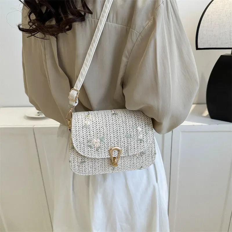 2024 Vintage Straw Textural Crossbody Bag White - Image 4
