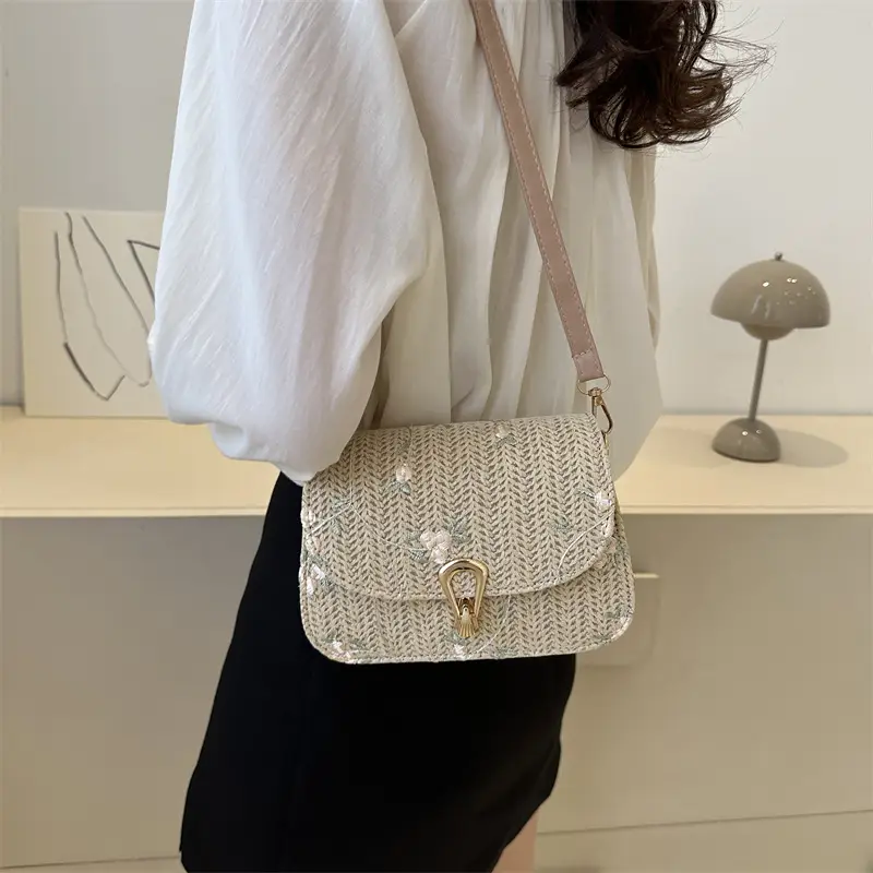2024 Vintage Straw Textural Crossbody Bag White - Image 5