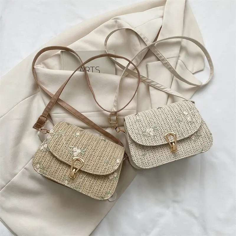 2024 Vintage Straw Textural Crossbody Bag White - Image 6