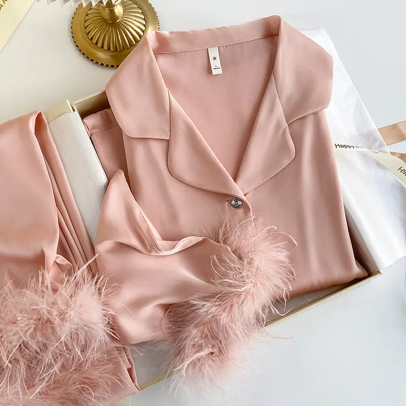 Women's Pajamas with Detachable Feathers, Ice Silk, Satin, Long Set, Suitable for Both Indoor and Outdoor Wear