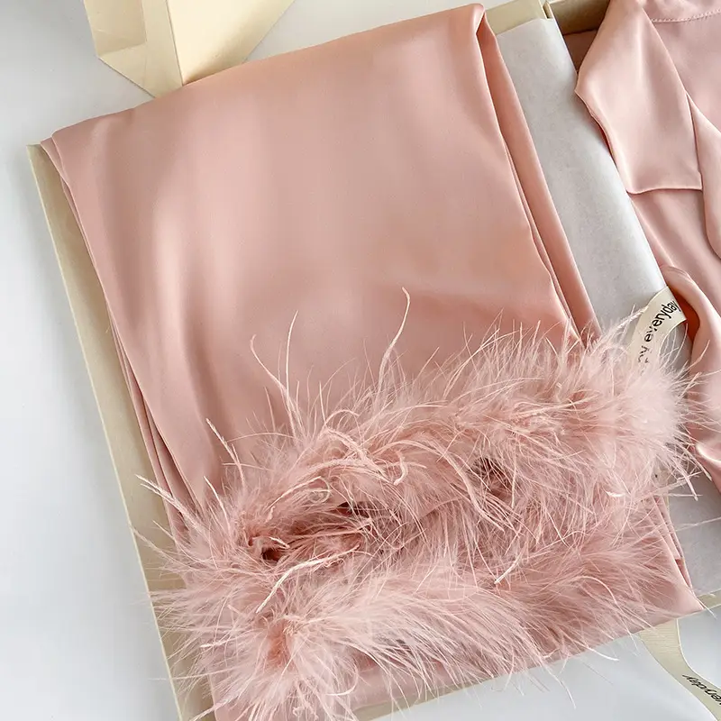 Women's Pajamas with Detachable Feathers, Ice Silk, Satin, Long Set, Suitable for Both Indoor and Outdoor Wear