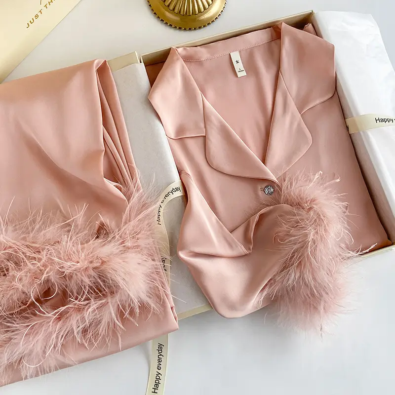 Women's Pajamas with Detachable Feathers, Ice Silk, Satin, Long Set, Suitable for Both Indoor and Outdoor Wear