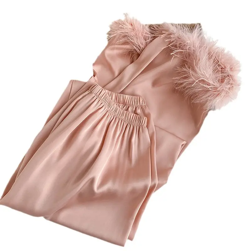Women's Pajamas with Detachable Feathers, Ice Silk, Satin, Long Set, Suitable for Both Indoor and Outdoor Wear