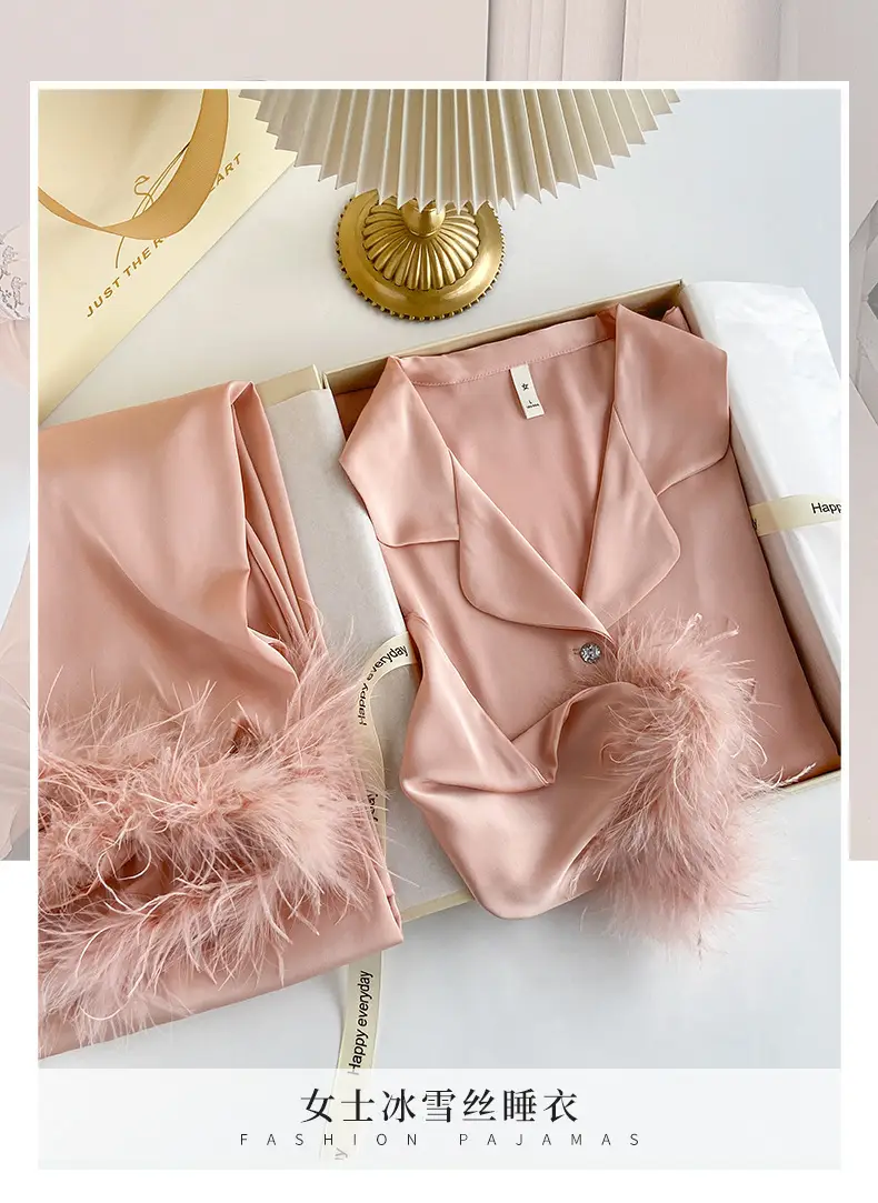 Women's Pajamas with Detachable Feathers, Ice Silk, Satin, Long Set, Suitable for Both Indoor and Outdoor Wear — feature 1