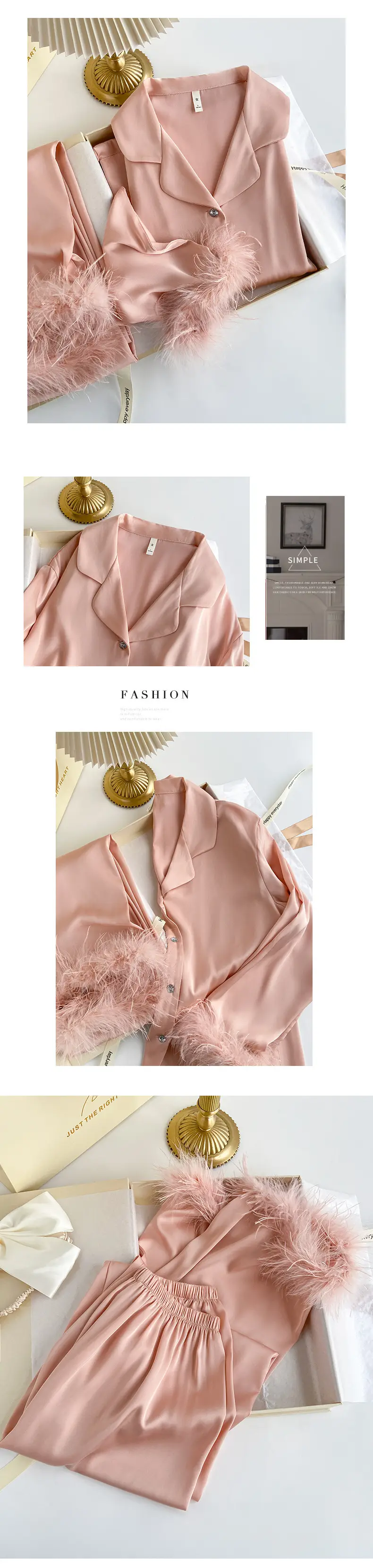 Women's Pajamas with Detachable Feathers, Ice Silk, Satin, Long Set, Suitable for Both Indoor and Outdoor Wear — feature 8