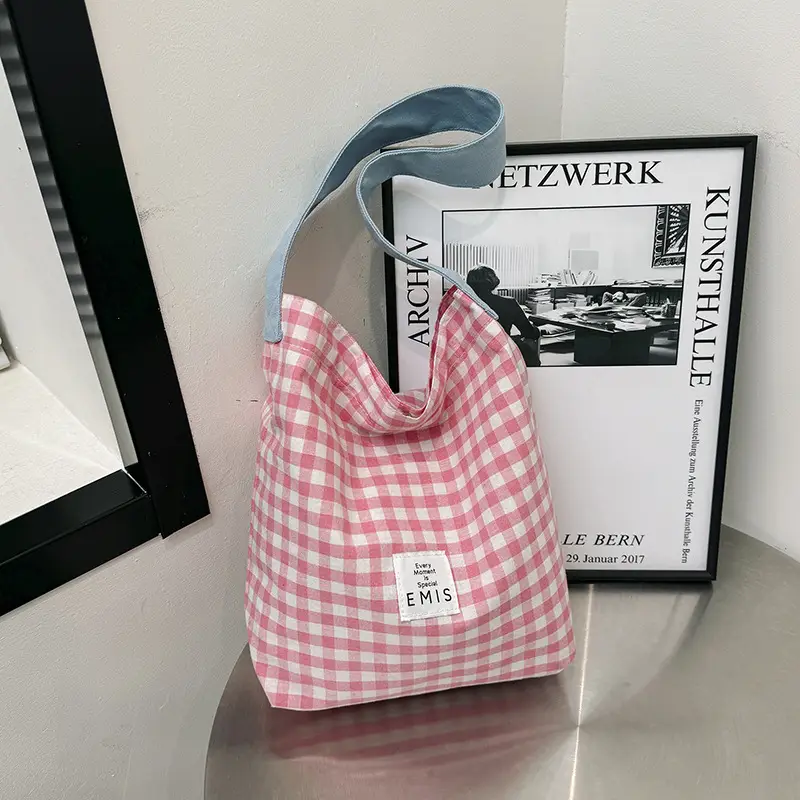 Women's Plaid Canvas Shoulder Bag Large Capacity - Image 5
