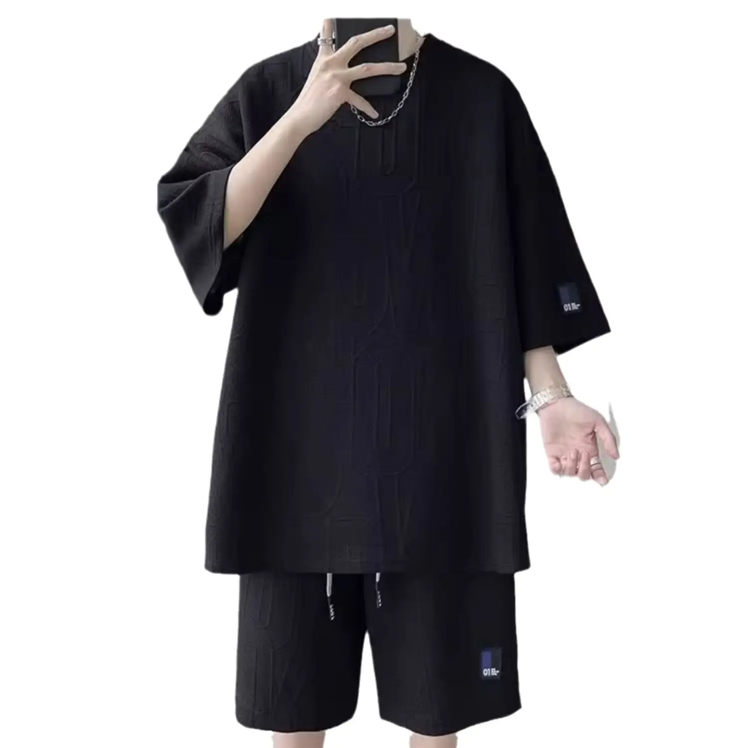 Men's White Jacquard Loose Summer Suit with Shorts - Image 6