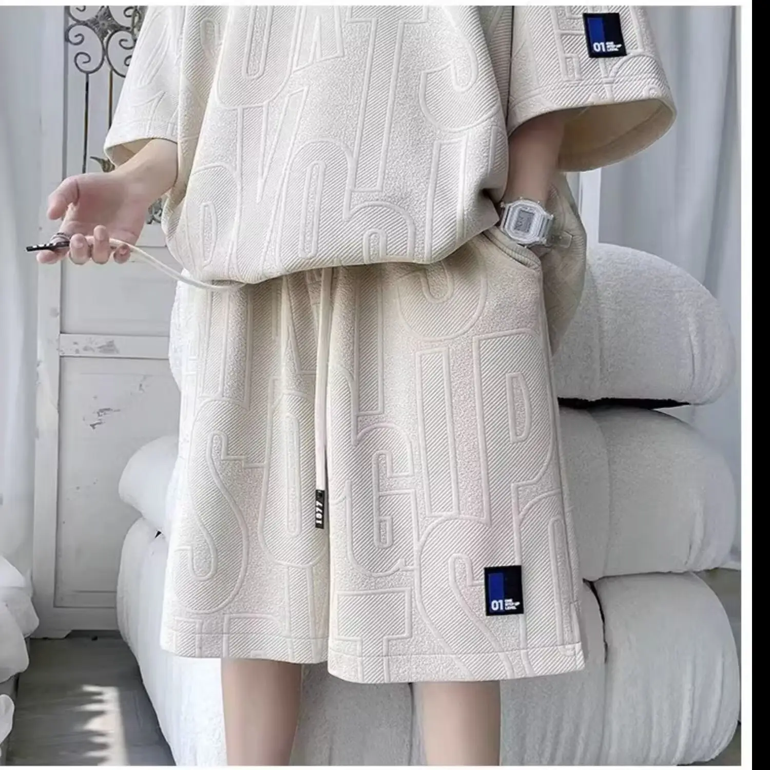 Men's White Jacquard Loose Summer Suit with Shorts — feature 16