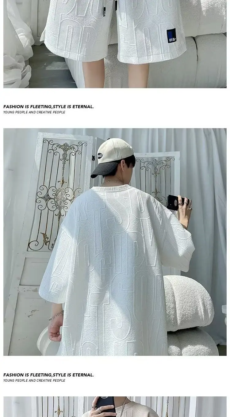 Men's White Jacquard Loose Summer Suit with Shorts — feature 3
