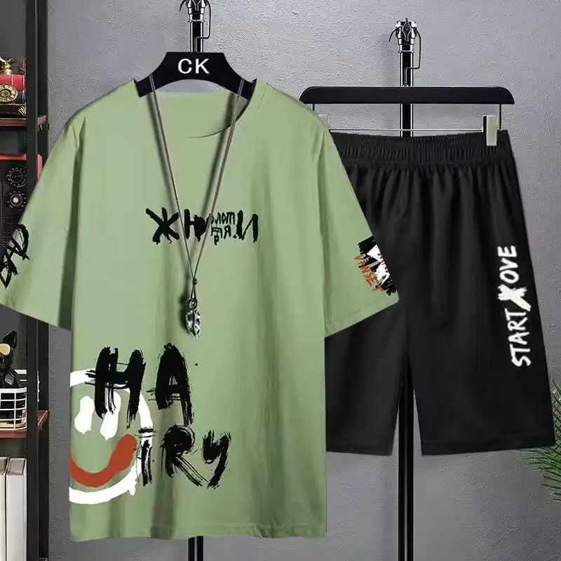 Men's Green Watermark Casual Shorts Set - Image 4