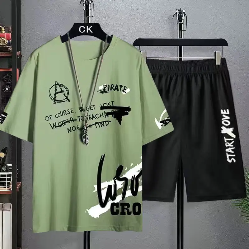 Men's Green Watermark Casual Shorts Set - Image 8