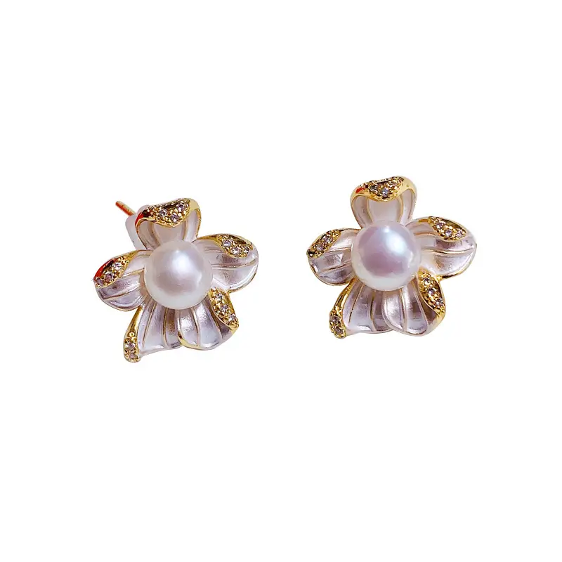 Romantic Five-Petal Pearl Earrings Sweet Painted Glaze - Image 7