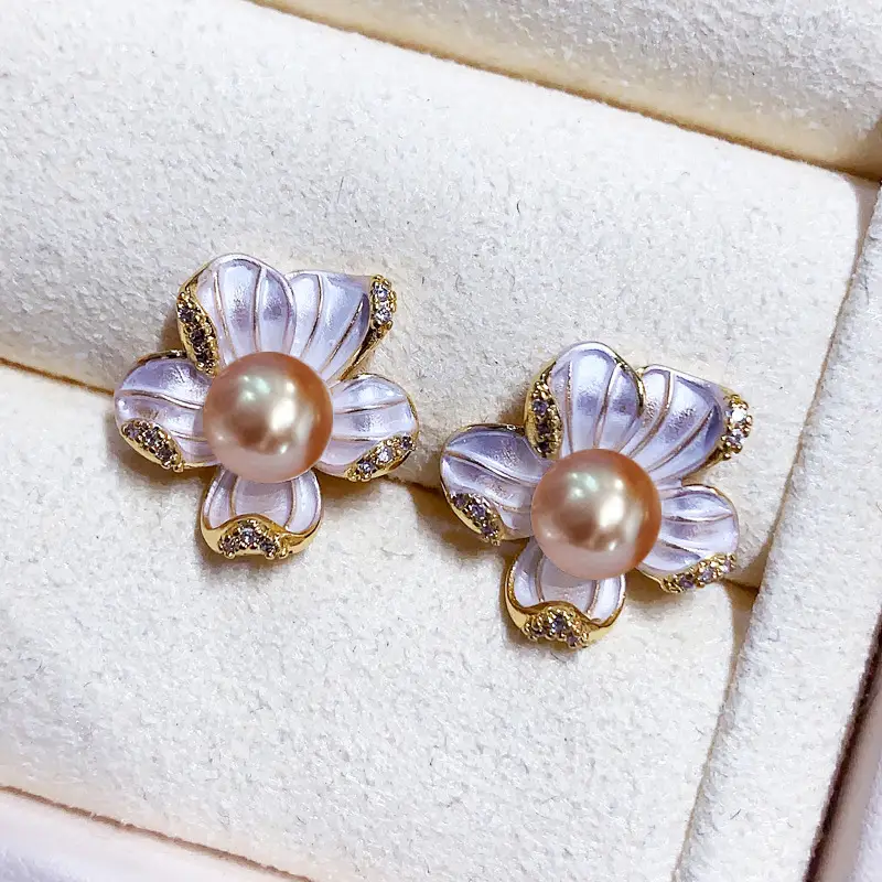 Romantic Five-Petal Pearl Earrings Sweet Painted Glaze — feature 13