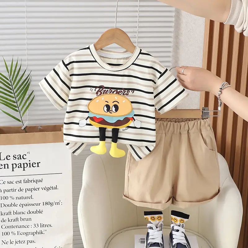 Kids Cotton Striped T-Shirt Set with Graphic Print - Image 2