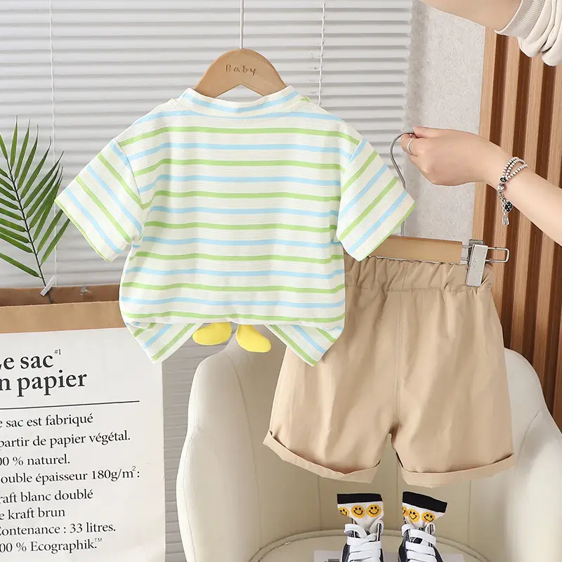 Kids Cotton Striped T-Shirt Set with Graphic Print - Image 4