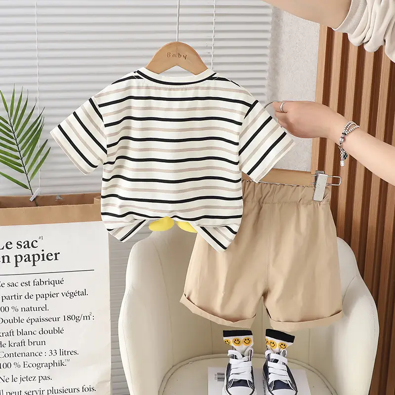 Kids Cotton Striped T-Shirt Set with Graphic Print — feature 7