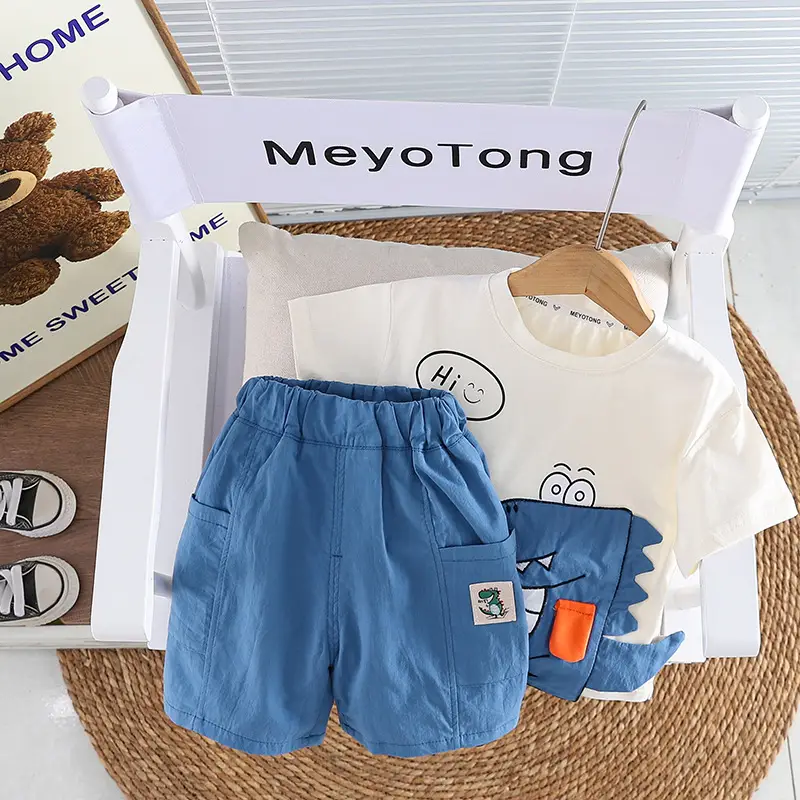 Boys Cartoon Dinosaur 2Pc Cotton Summer Suit - Image 2