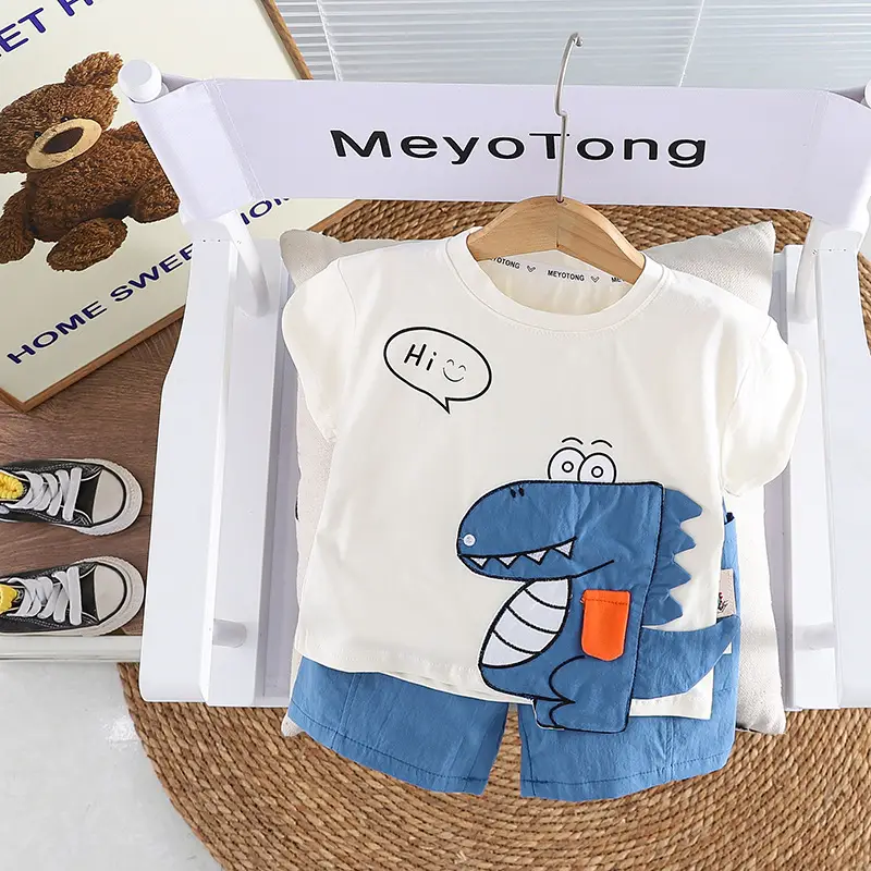 Boys Cartoon Dinosaur 2Pc Cotton Summer Suit - Image 3