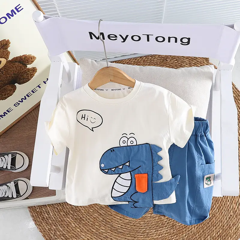 Boys Cartoon Dinosaur 2Pc Cotton Summer Suit - Image 4