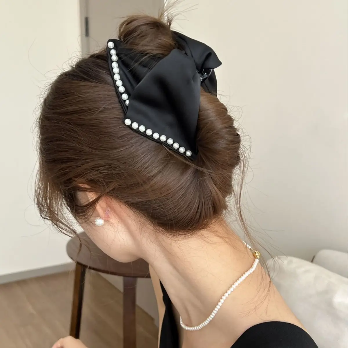 Large Bow Grab Hair Clip Multi Satin Beads Shark Back - Image 5