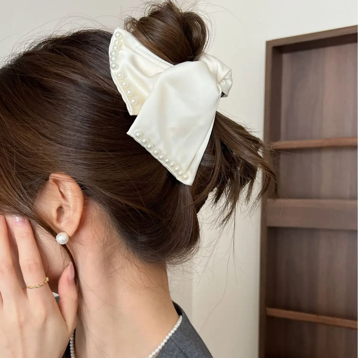 Large Bow Grab Hair Clip Multi Satin Beads Shark Back - Image 6