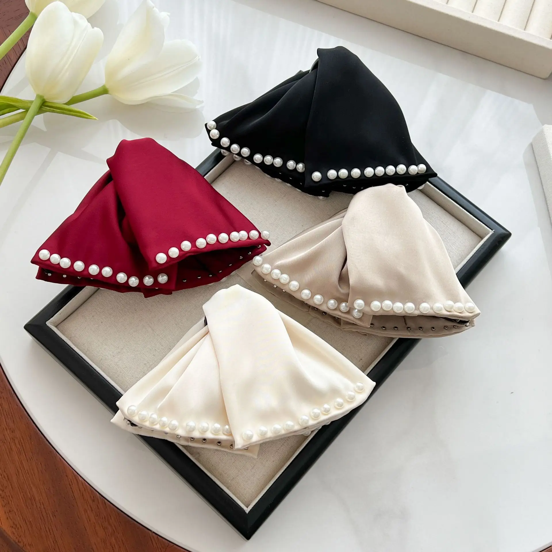 Large Bow Grab Hair Clip Multi Satin Beads Shark Back - Image 7