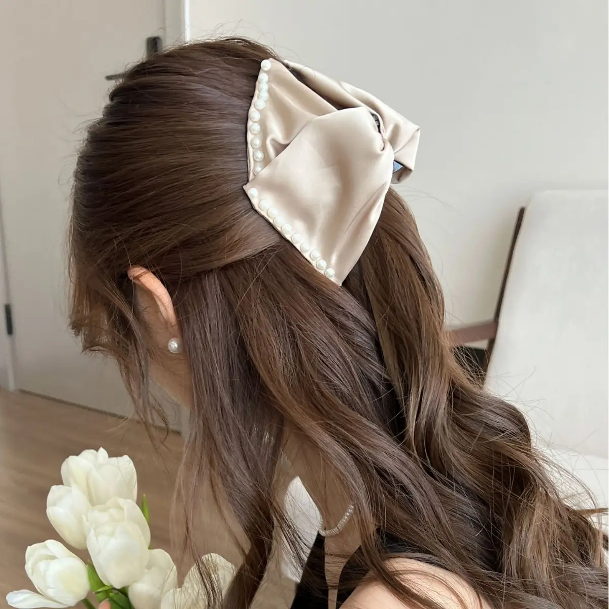 Large Bow Grab Hair Clip Multi Satin Beads Shark Back - Image 8
