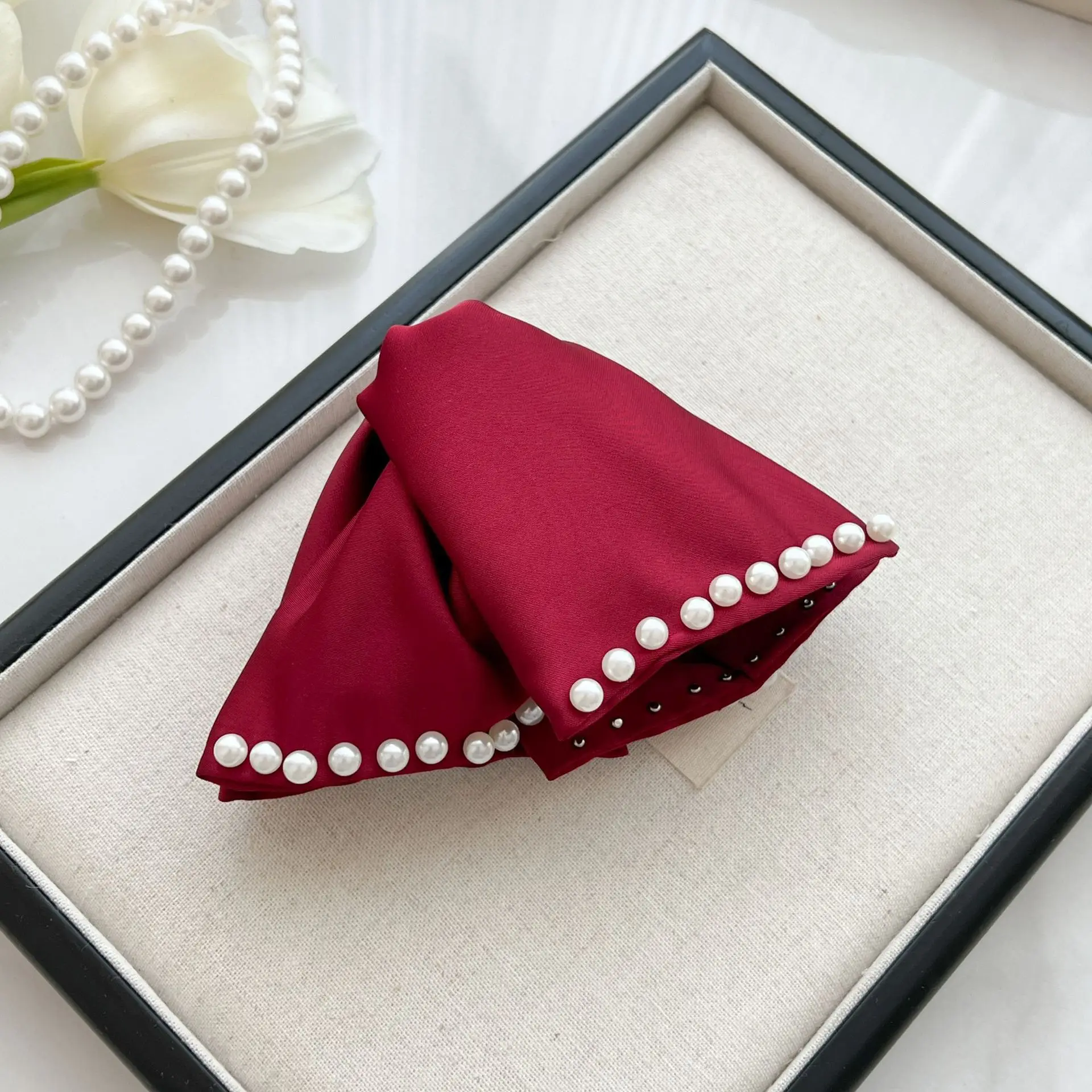 Large Bow Grab Hair Clip Multi Satin Beads Shark Back - Image 3