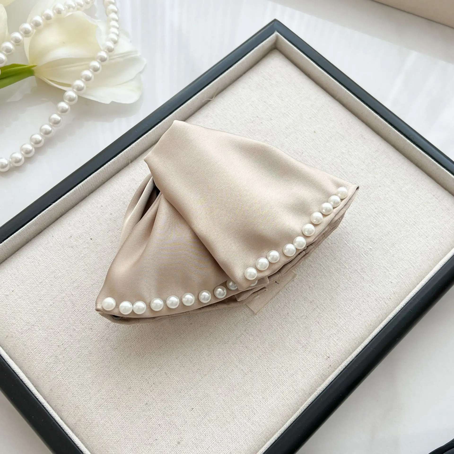 Large Bow Grab Hair Clip Multi Satin Beads Shark Back - Image 4