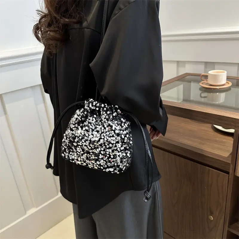 Black Sequin Drawstring Shoulder Bag for Women - Image 6