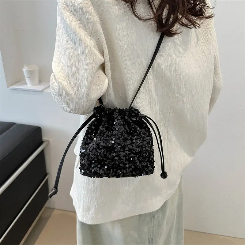 Black Sequin Drawstring Shoulder Bag for Women - Image 7