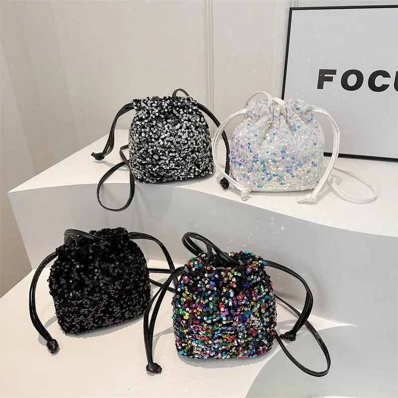 Black Sequin Drawstring Shoulder Bag for Women - Image 8