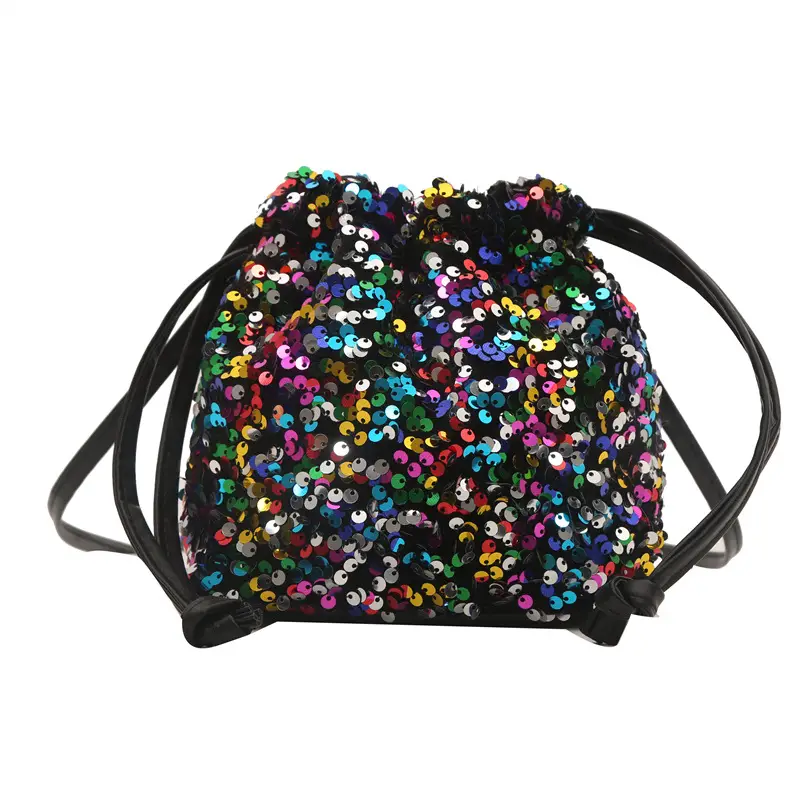 Black Sequin Drawstring Shoulder Bag for Women - Image 9