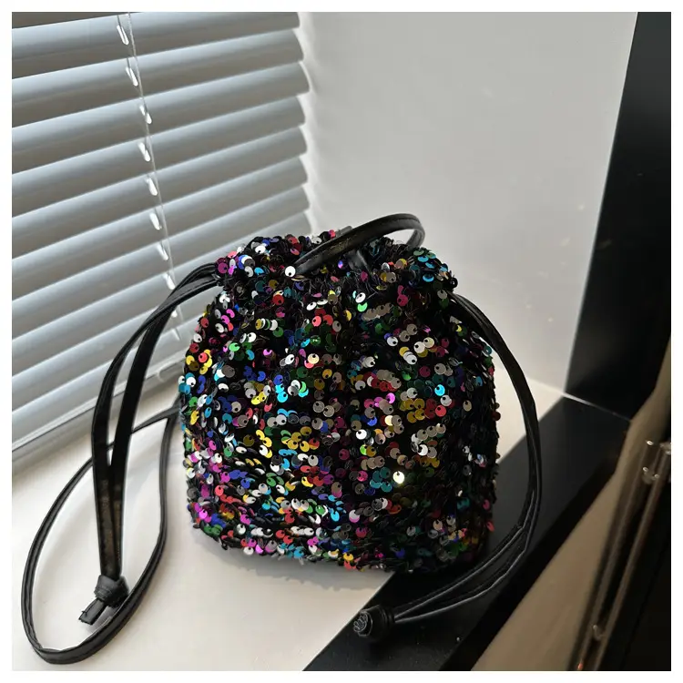 Black Sequin Drawstring Shoulder Bag for Women — feature 12