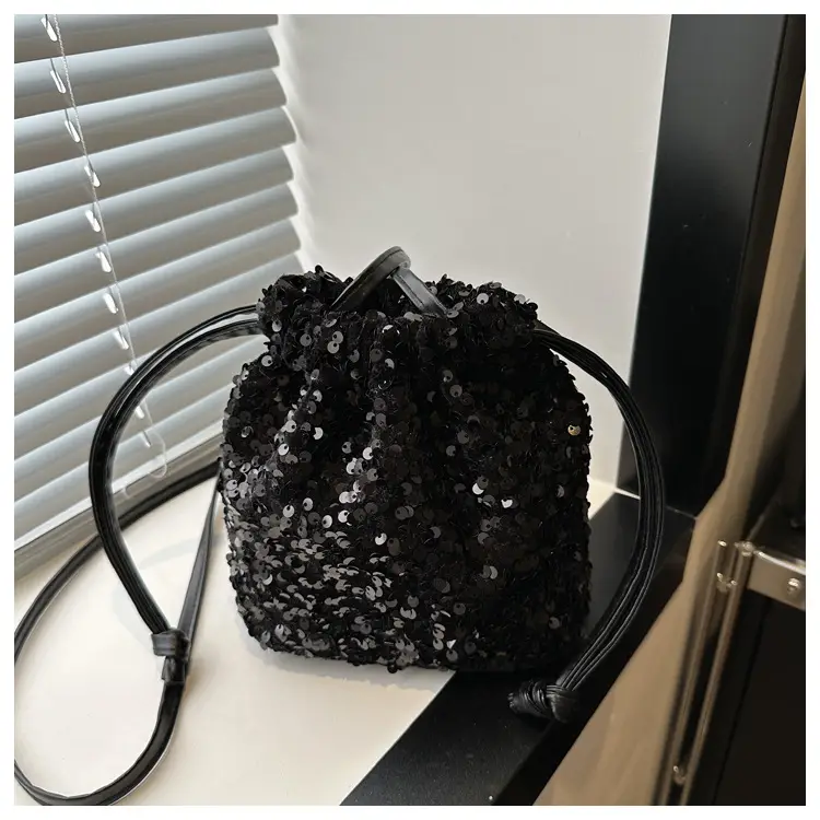 Black Sequin Drawstring Shoulder Bag for Women — feature 13