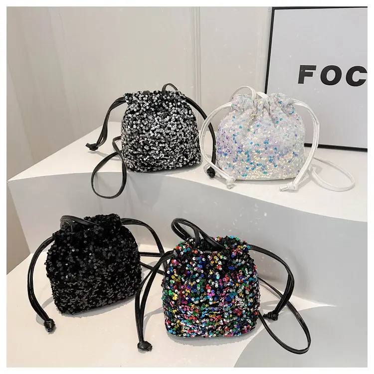 Black Sequin Drawstring Shoulder Bag for Women — feature 14