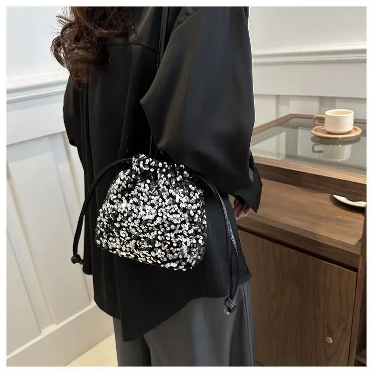 Black Sequin Drawstring Shoulder Bag for Women — feature 19