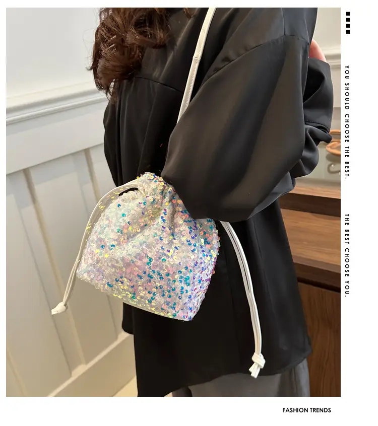 Black Sequin Drawstring Shoulder Bag for Women — feature 2