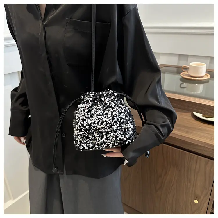 Black Sequin Drawstring Shoulder Bag for Women — feature 20