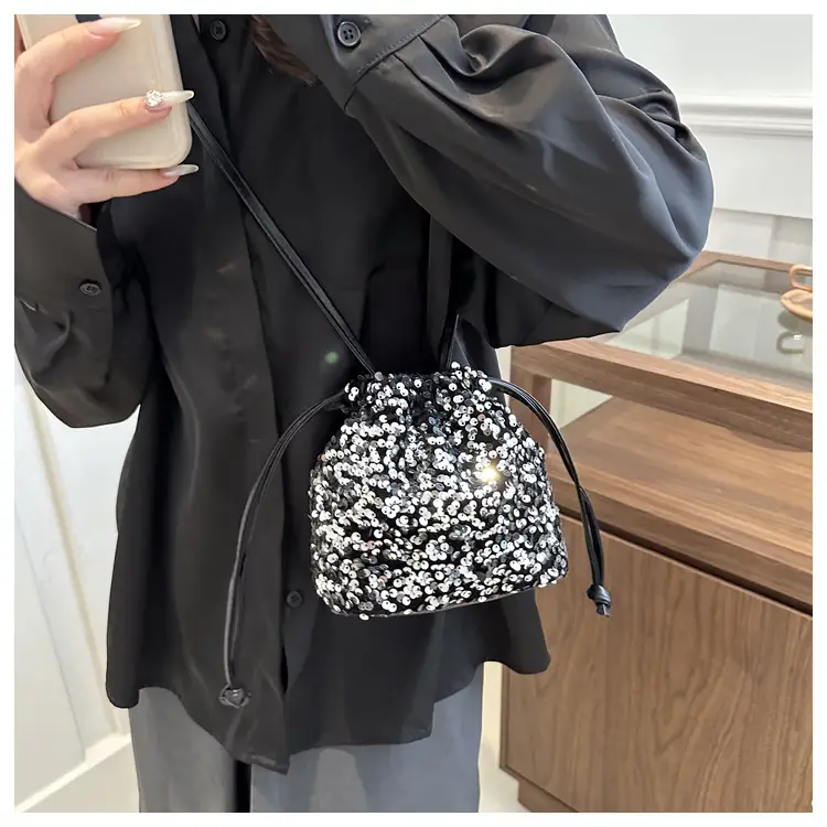 Black Sequin Drawstring Shoulder Bag for Women — feature 21