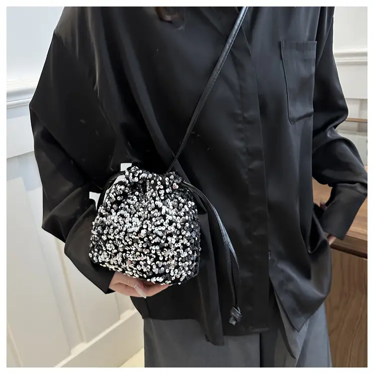 Black Sequin Drawstring Shoulder Bag for Women — feature 22