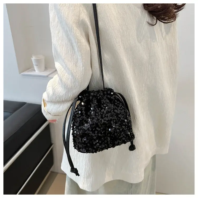 Black Sequin Drawstring Shoulder Bag for Women — feature 23