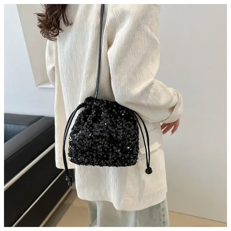 Black Sequin Drawstring Shoulder Bag for Women — feature 24